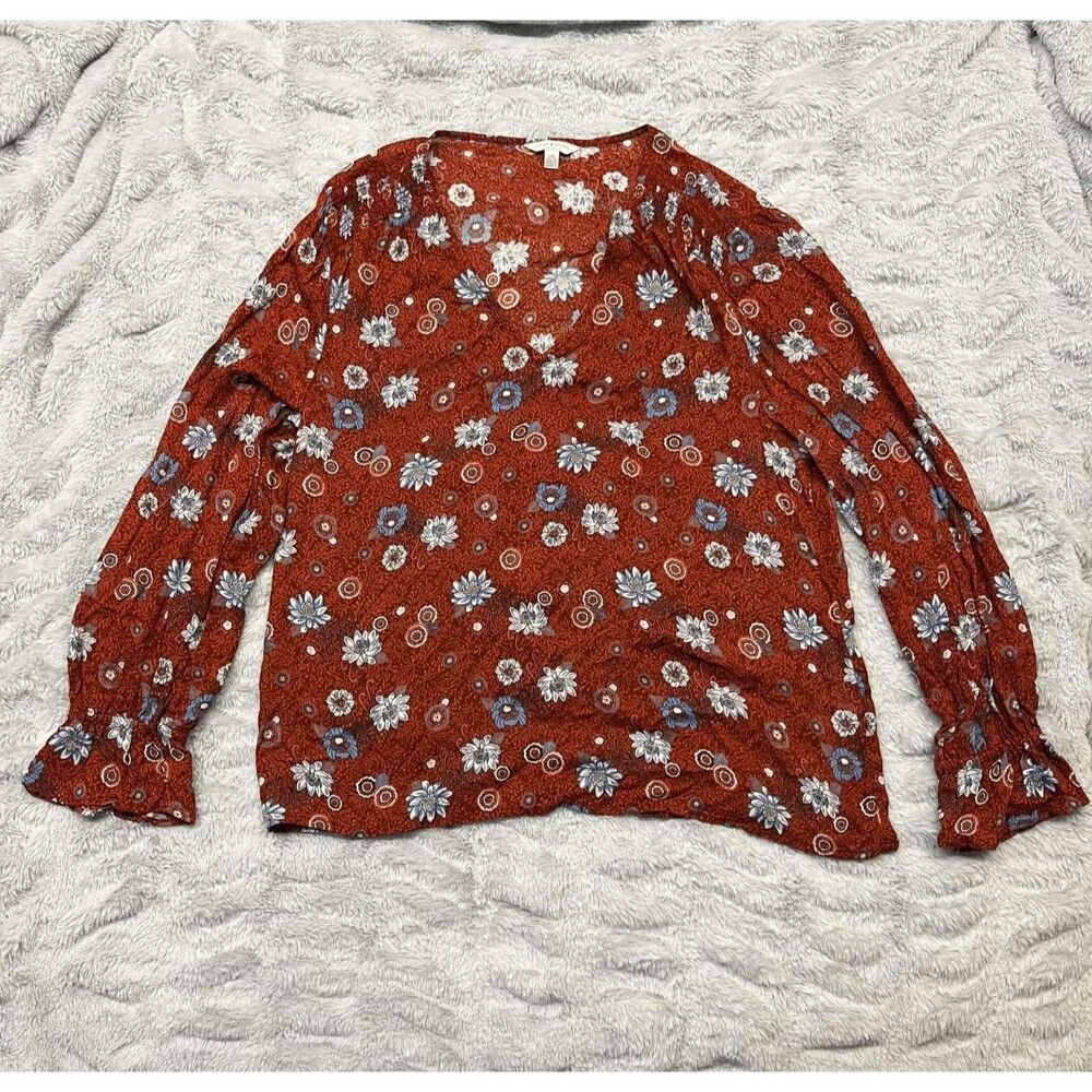 Lucky Brand Blouse Womens Large Red Floral Sheer Long Sleeve Boho Peasant Top